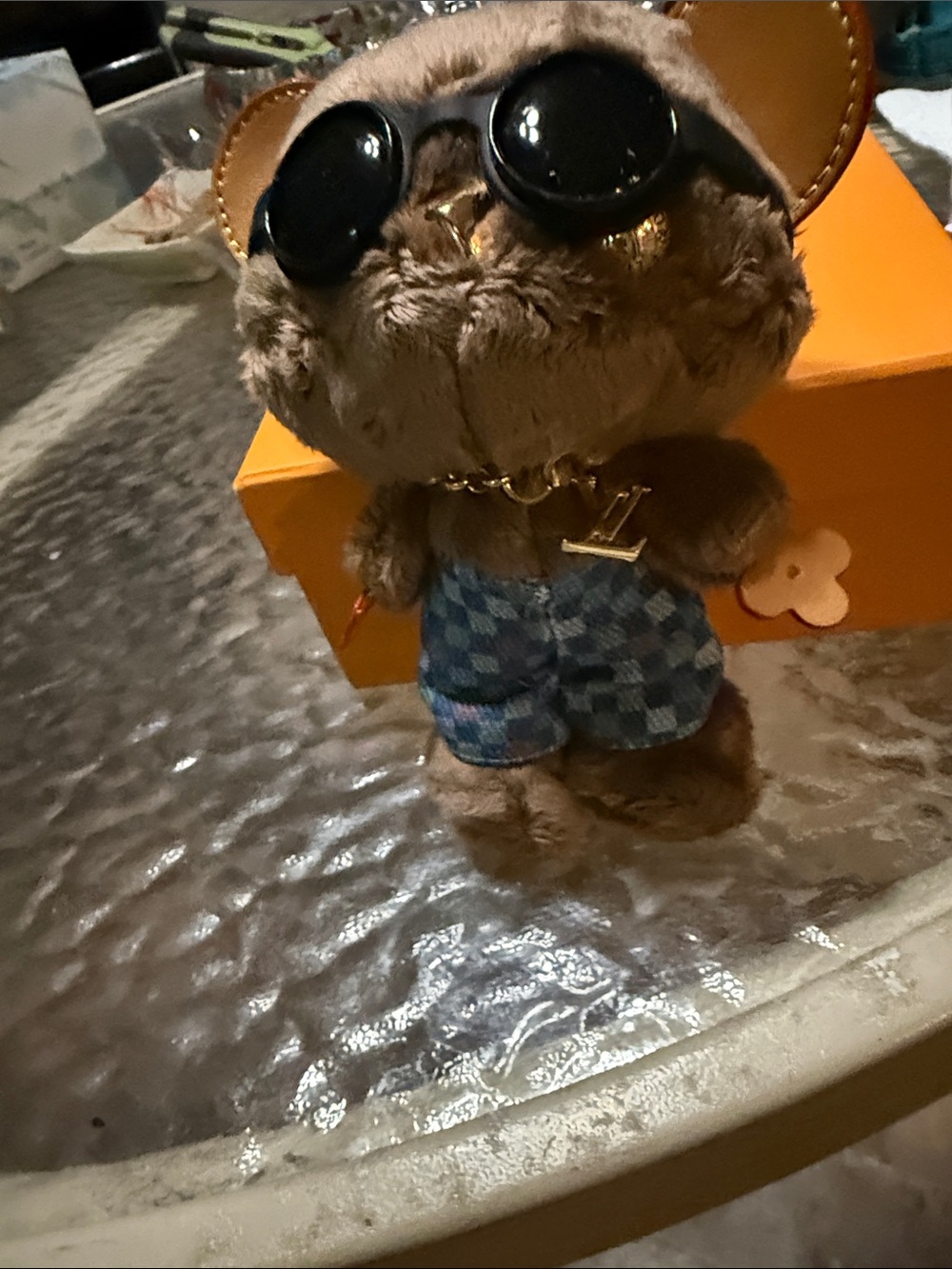 Louis Vuitton Brown Plush Bear Keychain with Blue Plaid Shorts and Black Goggles - Picture 5 of 6